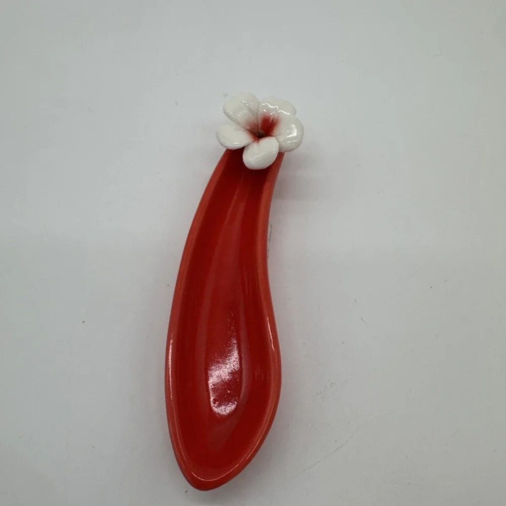 Vintage Red White Tropical Flower Spoon Rest Trinket Dish Hawaiian Style Small